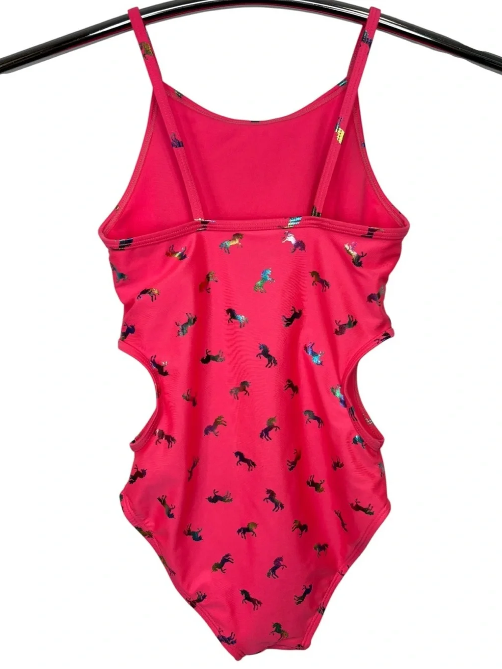 Place Bright Pink Foil Unicorn Cut Out One Piece Girl’s Swimsuit Size Medium 7/8